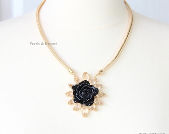 Black Solitary Rose Crystal Pendant Charm Necklace Rose Necklace