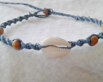 Blue Cowrie Shell Hemp Anklet - Hemp Ankle Bracelet - Natural Bohemian Jewelry