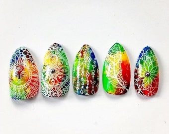 Rainbow Boho Sunshine Stiletto Nails | Tie Dye Press On Nails | Stiletto Press On Nails | Boho Hippie Free Spirit | Rainbow Summer Nails