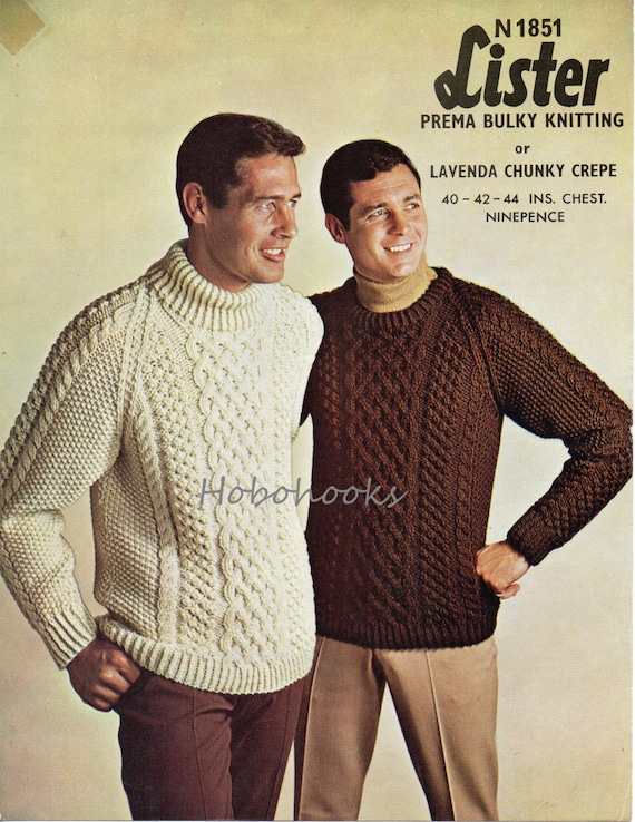 mens chunky cable sweater knitting pattern 1960s crew neck