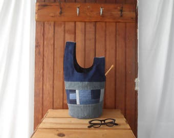 Knot Bag - recycled fabric denim knitter pouch small project bag gift for knitters yarn bag