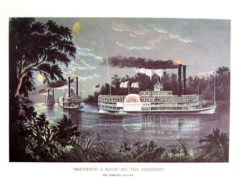 Currier and Ives Print - Rounding the Bend on the Mississippi, The Champions of the Mississippi - 1968 Vintage Book Page - 12 x 9