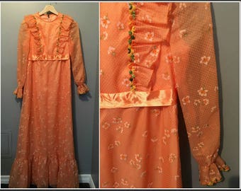 Vintage 1970s Orange Nu-Mode Empire Waist Party Dress