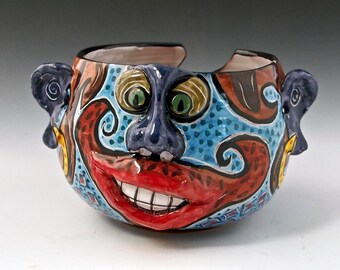 Ceramic Yarn Bowl Pottery Clay - Face Yarn Bowl, Pirate Pete, Snot Nosed Majolica String Holder - Knitting Bowl- Crochet Bowl, gift for Mom
