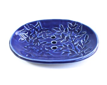 Ceramic Soap Dish, Handmade, Footed, Lacy Royal Blue