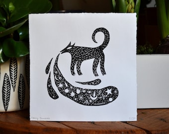 Linocut black and White Wolf