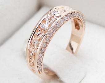 Rose Gold Diamond Wedding Band Half Eternity Engagement Band Filigree Wedding Diamond Ring