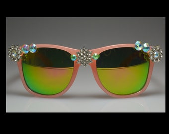 Unique en son genre, rose, strass Bling, verres miroir, lunettes de soleil
