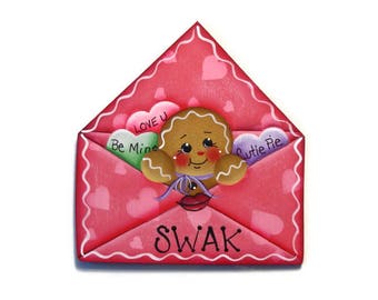 Ginger in Envelope Ornament or Fridge Magnet, Handpainted Wood Gingerbread Refrigerator Magnet, Hand Painted Ginger, Valentine's Day