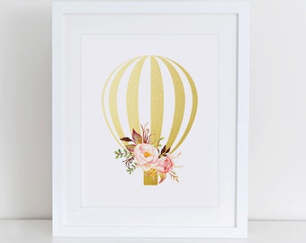Hot Air Balloon Art Print, Balloon Nursery Art Print, Instant Download, Nursery Art Print, Nursery Wall Decor, Balloon Gold Foil