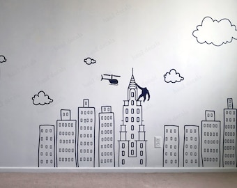 Doodled City Skyline Room Wall Decal | Large vinyl sticker for Nursery, Preschool, Playroom | Boys wall decals idea | Kid's rooms Wall art