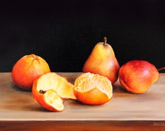 Still life with tangerines and pears, still life painting, original oil painting, fruits painting