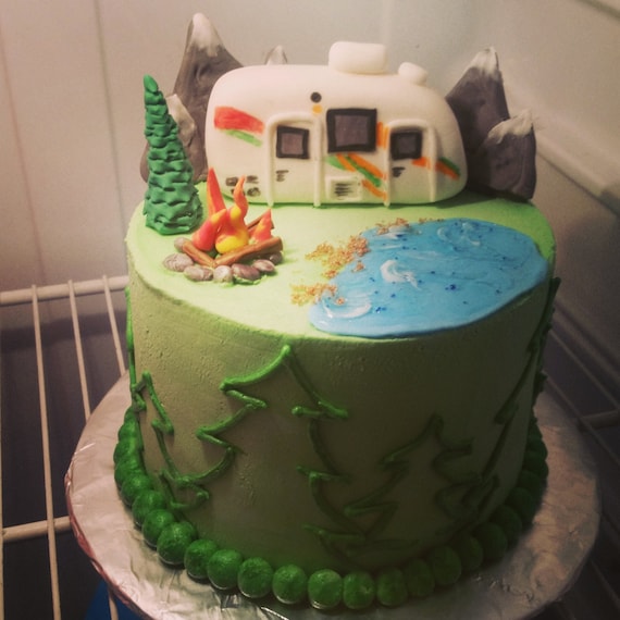 Handmade Edible Fondant RV Camping Cake Topper Set