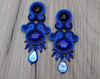 Deep Blue Clip On Earrings, Long Drop Earrings, Soutache Earrings, Blue Sparkling Earrings, Handmade Gift for Her