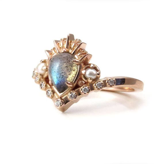 Ursula the Sea Witch Labradorite Engagement Ring with Seed Pearls and Diamonds