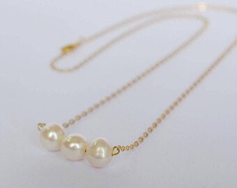 Triple Pearl Necklace - 3 Pearl Necklace - White Freshwater Pearl Gold Necklace -Mother of the Bride - Mother Gift - Bridesmaid jewelry
