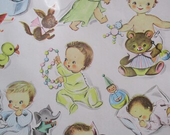 Vintage Gift Wrap-Wrapping Paper-Baby-Children-Shower-Pastels-Retro-Mid Century-Full Sheet-Wrapping Paper