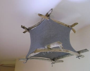 Ceiling light, Lampshade hanging driftwood and grey crocheted cotton