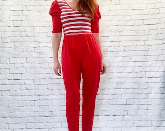 Vintage 80s Striped Puff Sleeve Cropped Pants Tapered Jumpsuit Red Fitted XS S Punk Breakdance Disco Roller Boogie