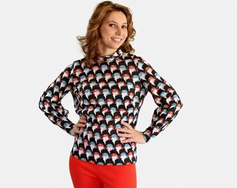 60s twee top. Vintage long sleeve blouse. Mod. Size Medium. Flapper lady head print. Mad Men fashion. Black white red blue Valentine's gift
