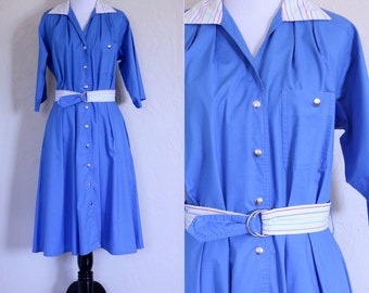 Pinstripe Dress Shirt Waist Dress Shirtwaist Dress Belted Dress Light Blue Dress Rainbow Belt Rainbow Collar Snap Button Dress Knee Length