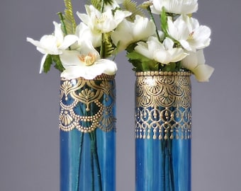 Moroccan Vases, Blueberry Tinted Glass with Gold Detailing