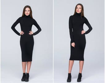 Classic Midi Dress , Black Dress , Long Sleeves Casual Dress , Elegant Black Winter Dress , Mock Neck , Minimalist А0002