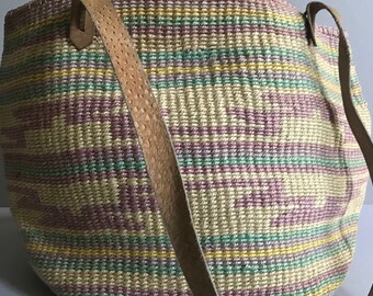 KENYA Sisal Jute Bag Vintage African Craft Farmer's Market Shopping Tote Bag Beige Green Yellow Light Purple