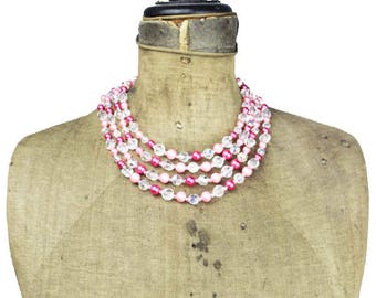 Pink Bead Necklace, Vintage Pink Multi Strand Necklace, Pink Necklace, Pink and Crystal Necklace