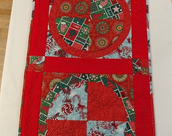 Handmade Quilted Holiday, Christmas Table Runner, Red and Green
