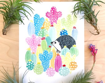 Hedgehog Print (hedgehog art - hedgehog gift - animal art - hedgehog painting - hedgehog cactus - cactus print - cactus art - cactus decor)