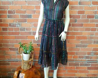 vintage 70s 1970s Indian cotton gauze metallic thread stripes blouse top skirt set black jewel tones hippie boho
