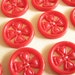 11 Red flower buttons, pierced celluloid buttons on a card, 4-petal flower in a ring, 21 mm