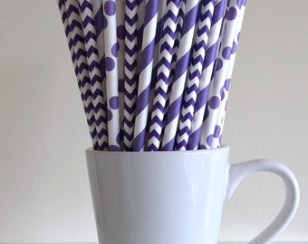 Purple Paper Straws Purple Striped, Chevron, Polka Dot Party Supplies Party Decor Bar Cart Cake Pop Sticks Party Graduation
