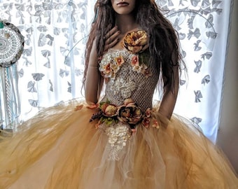 Adult realistic Fairy gold tutu dress,gold flower fairy costume,fairy wings,fairy birthday,Queen fairy costume, fairy festival costume dress