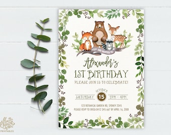 Greenery Woodland First Birthday Invitation. Green Boy 1st Birthday Party Invite. Foliage Forest Animals Baby Deer Fox Bear Raccoon. BOT5