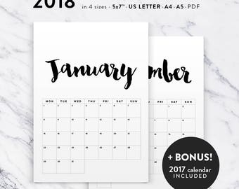 Minimalist Calendar 2018, Printable 2018 Calendar, Calligraphy Calendar Planner 2018 PDF Calendar Printable Wall Calendar INSTANT DOWNLOAD