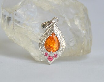 White Gold Mandarin Garnet Pendant, pear shaped pendant, hand engraved pendant, january birthstone pendant, burma spinel gemstones
