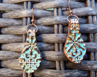 Copper and patina flower doodle polymer clay earrings