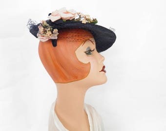 Vintage 40s hat, woman's tilt, navy blue, pink flowers