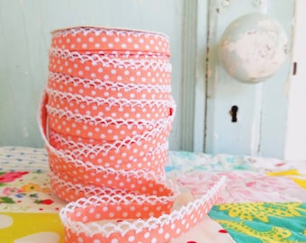 Coral Polka Dot Crochet Edge Bias Tape (No. 1) for Children's Clothing. Double Fold Bias. Sewing Supplies.
