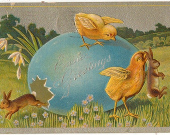 Vintage Easter Postcard, Bunny in Easter Egg, and Chick Carrying Bunny by Ears