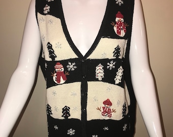 Ugly Tacky Christmas Sweater Vest, Snowman Christmas theme Low Cut V-Neck, Cute trinkets, White Stag Brand Size-16-18 XL