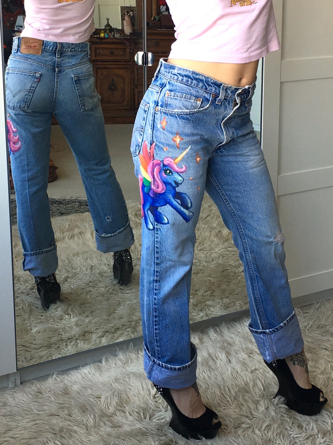  BLUE MAJESTY Pegasus Unicorn Jeans hand painted Vintage light