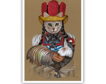 Cat of Black Forest III - Cat Art Print - Cat Paintings - Rooster Art - Funny Pet Portraits by Maria Pishvanova