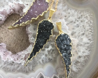 Druzy Necklace, Druzy Angel Wing Necklace, Agate Druzy Necklace, 14K Gold Fill, Sterling Silver