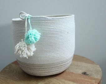 Basket rope coil bin storage organizer bowl pompoms natural grey mint by PETUNIAS
