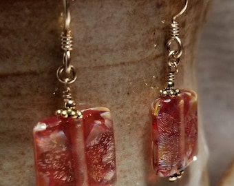 Handmade Earrings - Red Foil Glass, 14K Gold-Filled Earwires - SHIMMERS