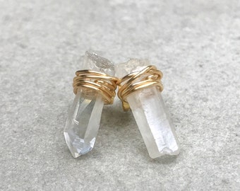 Quartz earrings, April birthstone, Raw stone earrings, Raw crystal earrings, Gemstone earrings, Bridesmaid jewelry, Boho jewelry, Wife gift