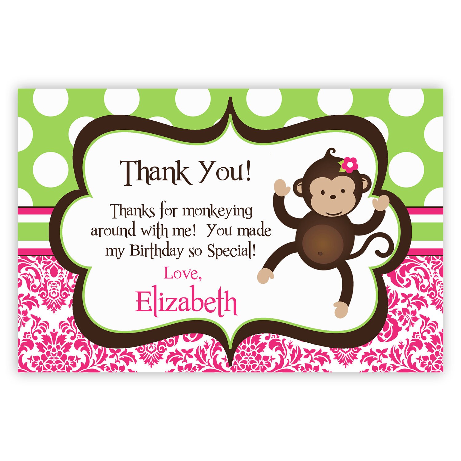 Mod Monkey Thank You Card Pink Damask and Green Polka Dot